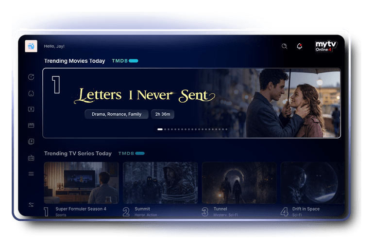 Le nouvel écran d'accueil de MYTVOnline 4 avec les films et séries populaires du jour