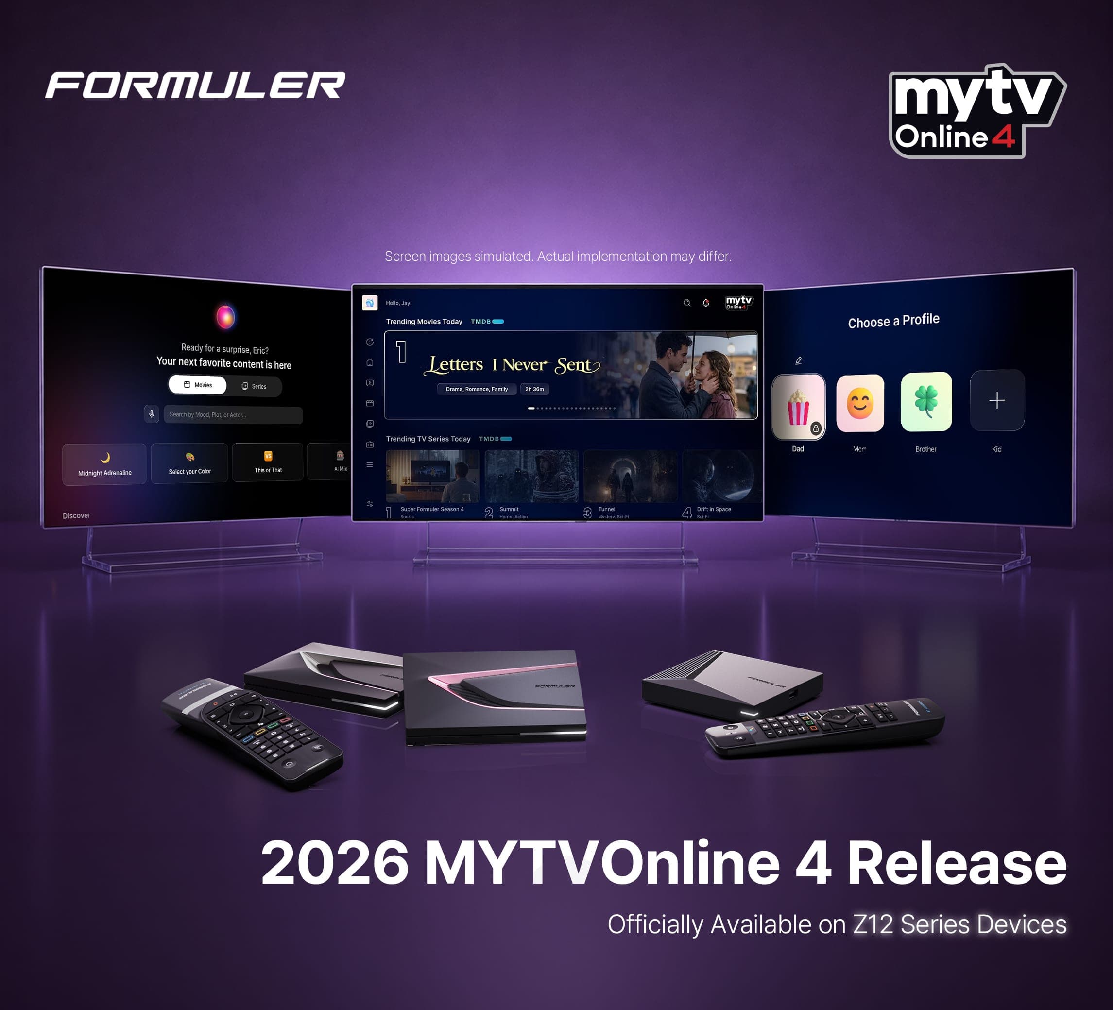 Annonce de MYTVOnline 4 : trois écrans de l'application au-dessus des boîtiers de la série Z12