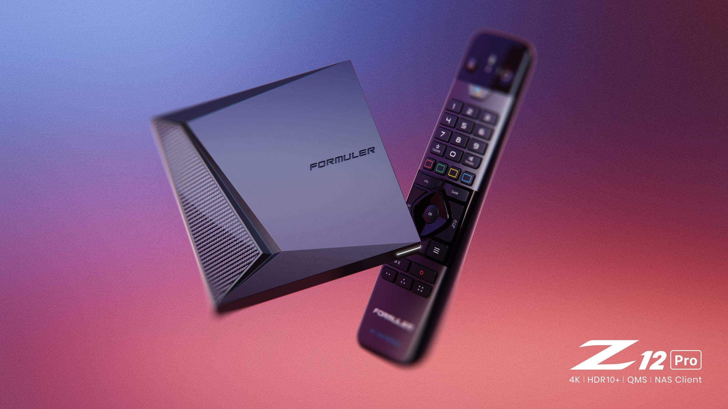 Le Z12 Pro et sa télécommande sur un fond bleu et corail